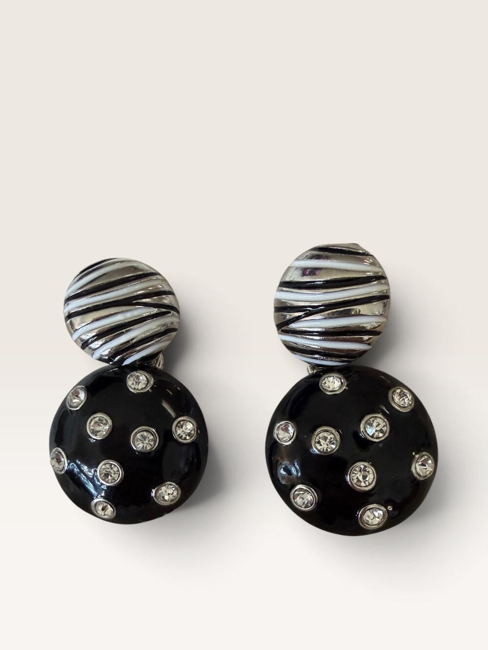 Vintage 1980s Black Enamel Drop Earrings with Rhinestones & Zebra Stripes, 1.5”
